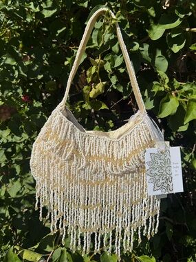 NWT Made in India Cream White Gold Fringe Tassel Draped Beaded Shoulder Bag